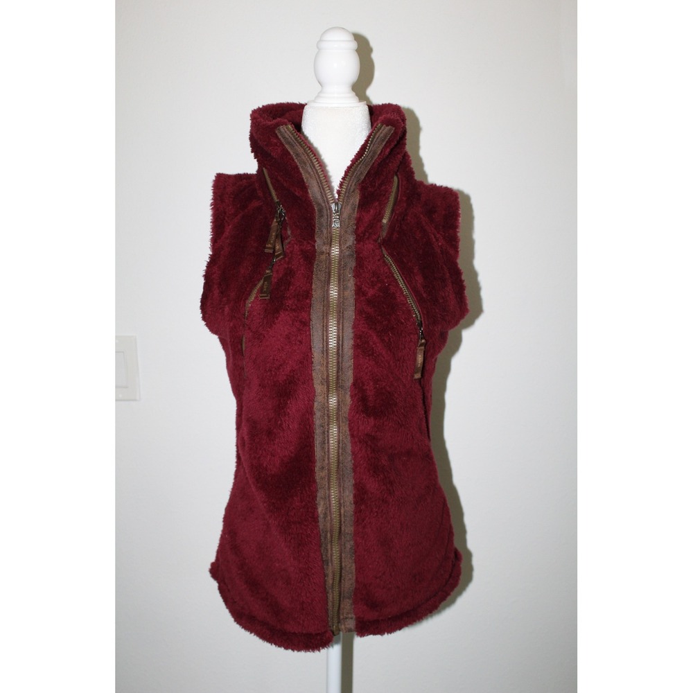 KUHL Fuzzy Vest Burgundy Wine Fleece Hidden Hood Full Zip Pockets Small